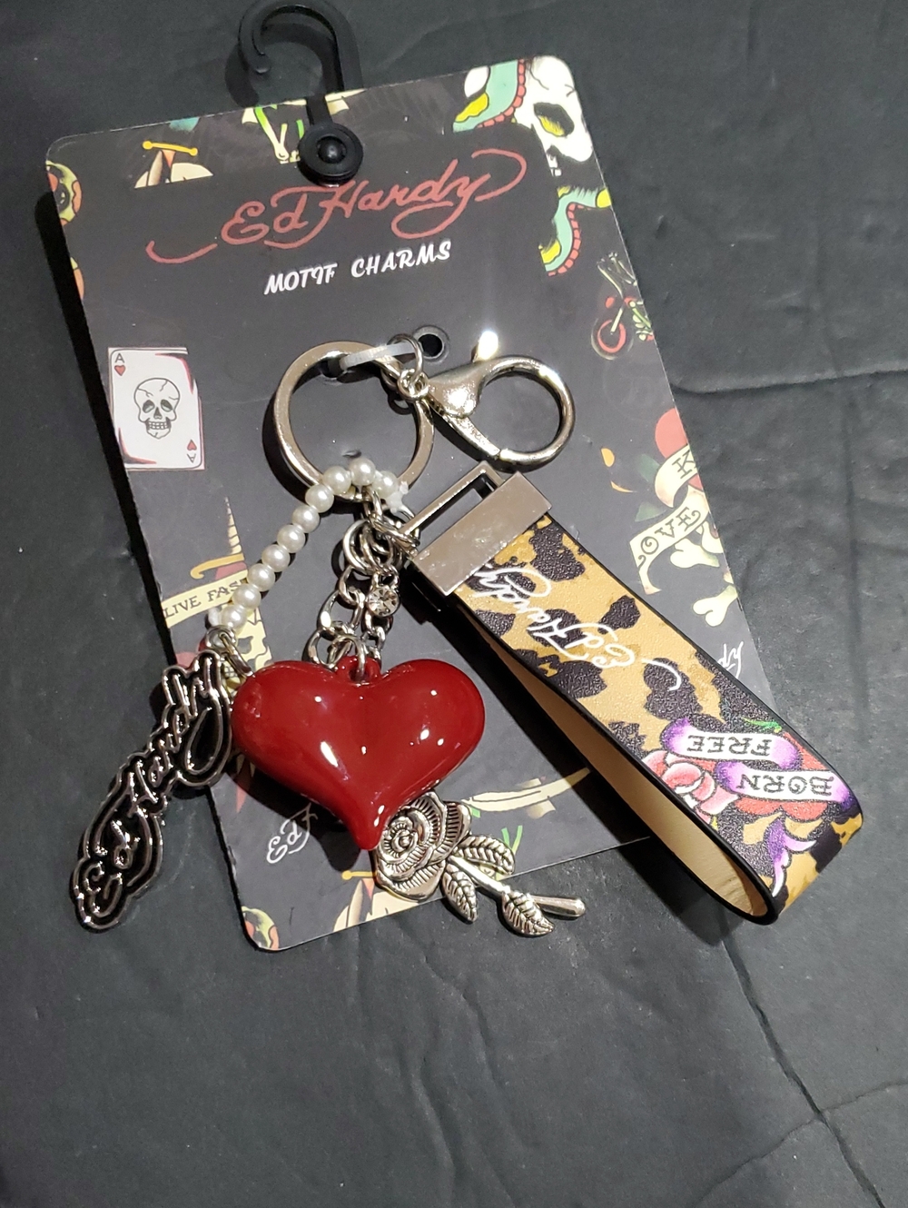 Ed Hardy puffy red heart Ed Hardy animal print pearls motif bag charm key holder